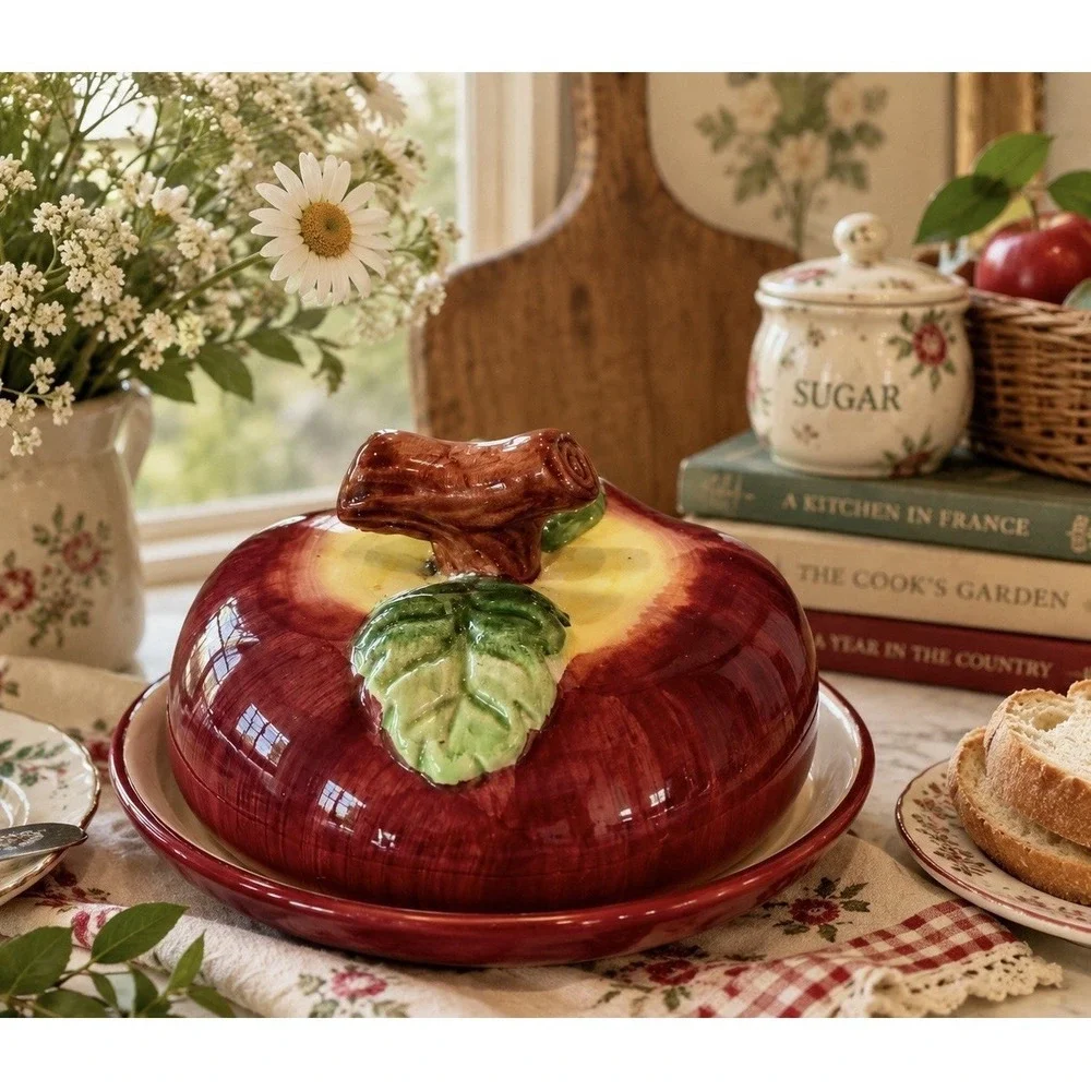 Figural Apple Covered Butter Jam Dish Cottagecore Granny Lidded VTG Country Farm